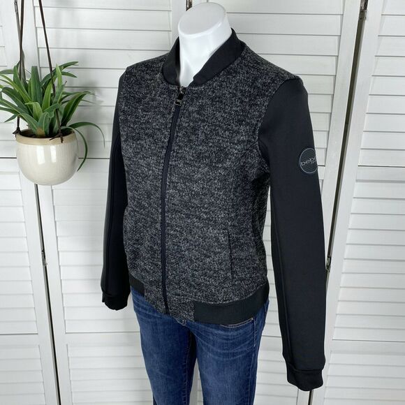 Bebe Sport Black Knit Jacket Scuba Sleeves Logo Patch Womens Size M Olympics '17 - Picture 1 of 8